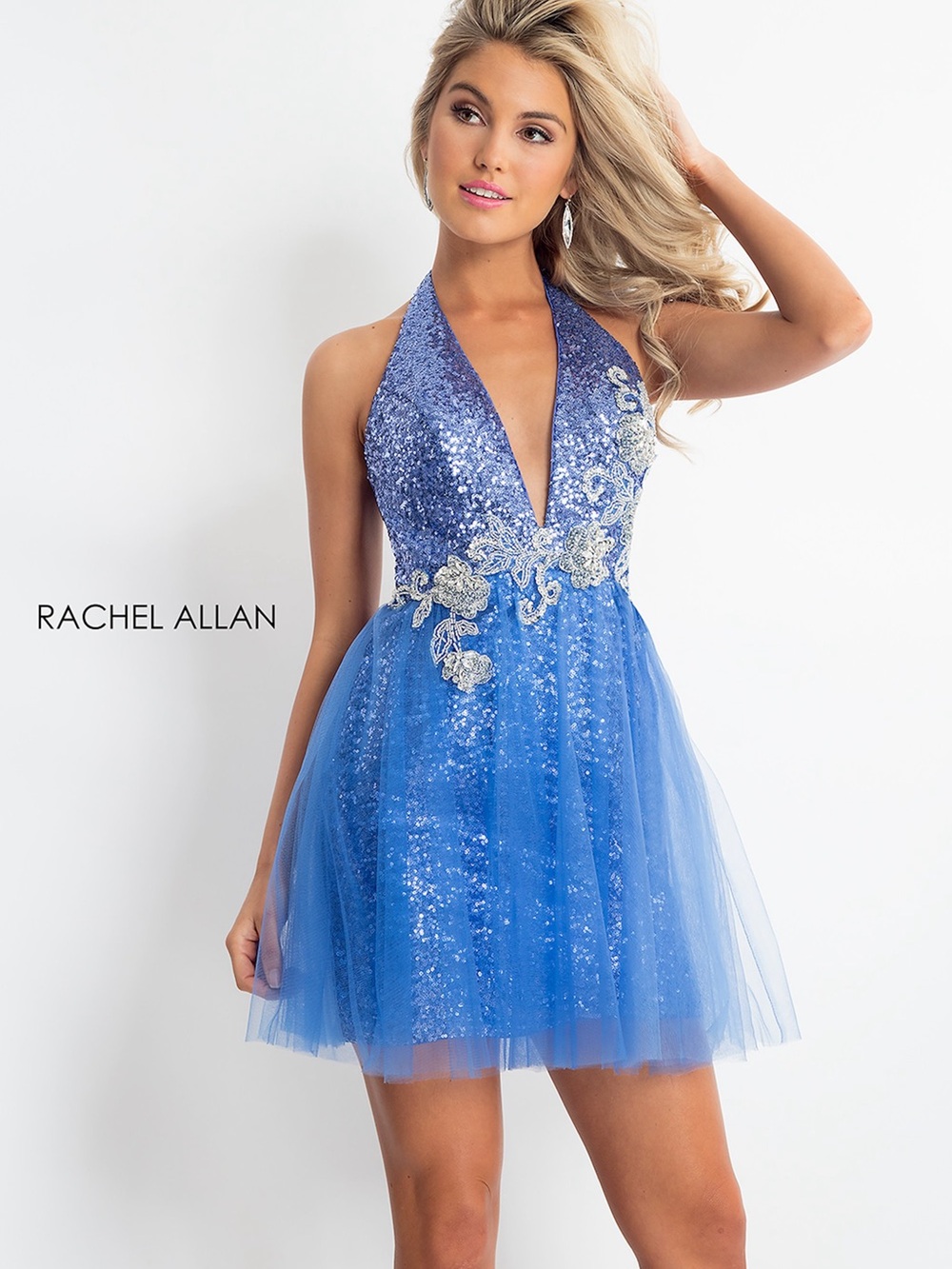 Rachel Allan Blue Sequin Halter Mini Dress with Silver Appliqué